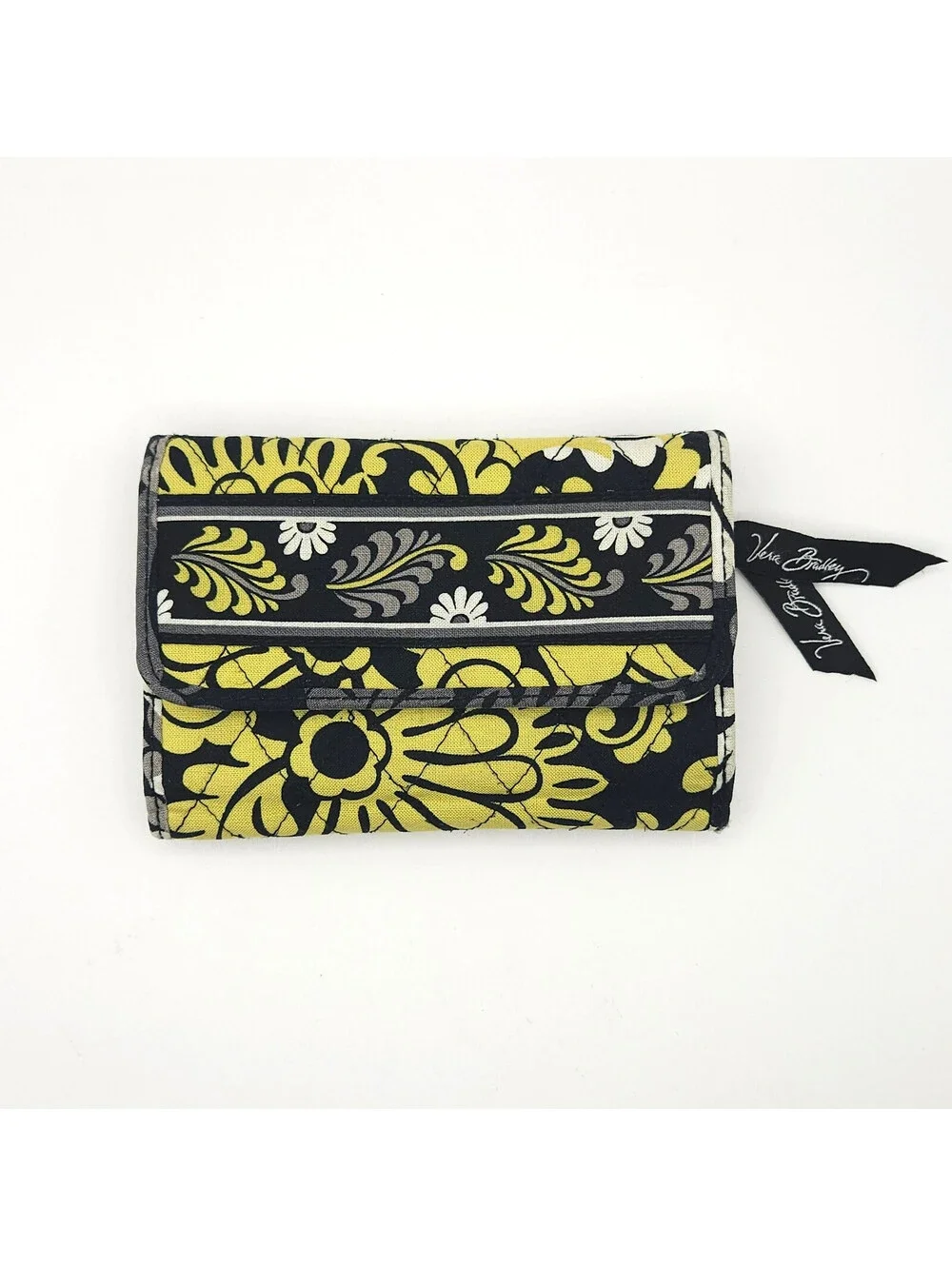 Vera Bradley Quilted Trifold Euro Retired Baroque Wallet Black Yellow Floral